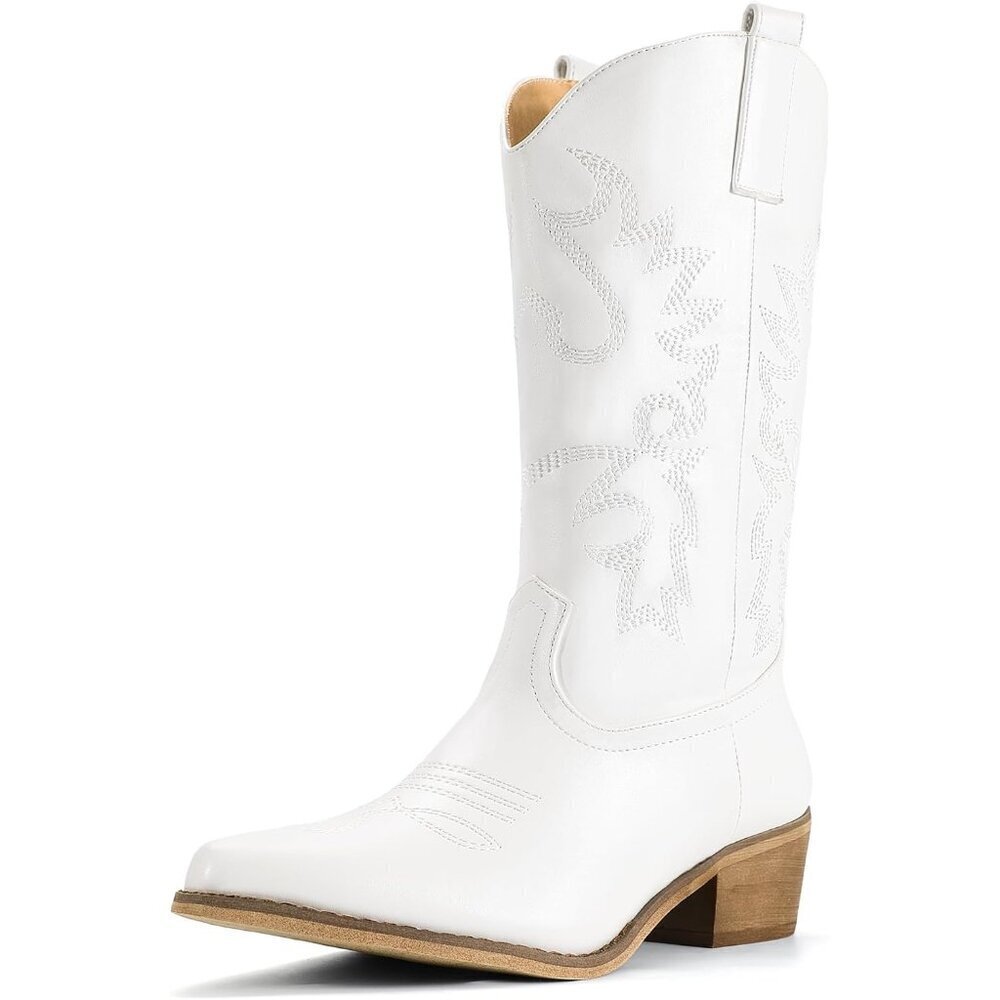 🆕Women White Manmade Material Mid Calf Embroidered Low Heel Pointed Toe Boots